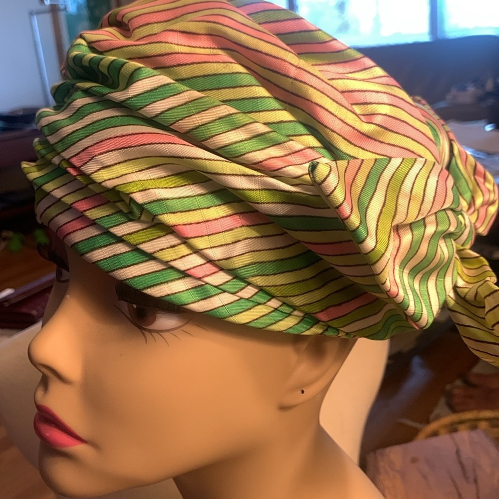 60’s CHRISTIAN DIOR CHAPEAUX SILK STRIPED TURBAN HAT - Picture 2 of 16